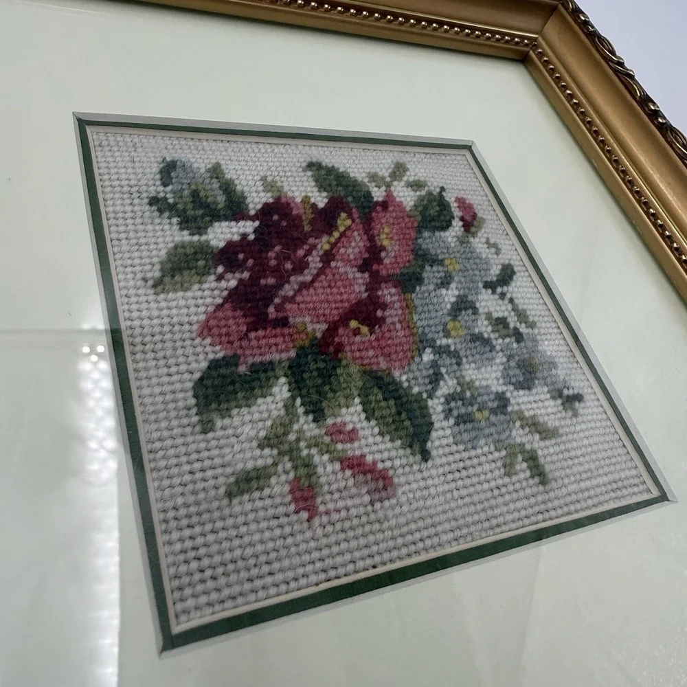 Lot 2 Floral Needlepoint Gold Matte Frame Cross Stitch Pair Hanging Cottagecore